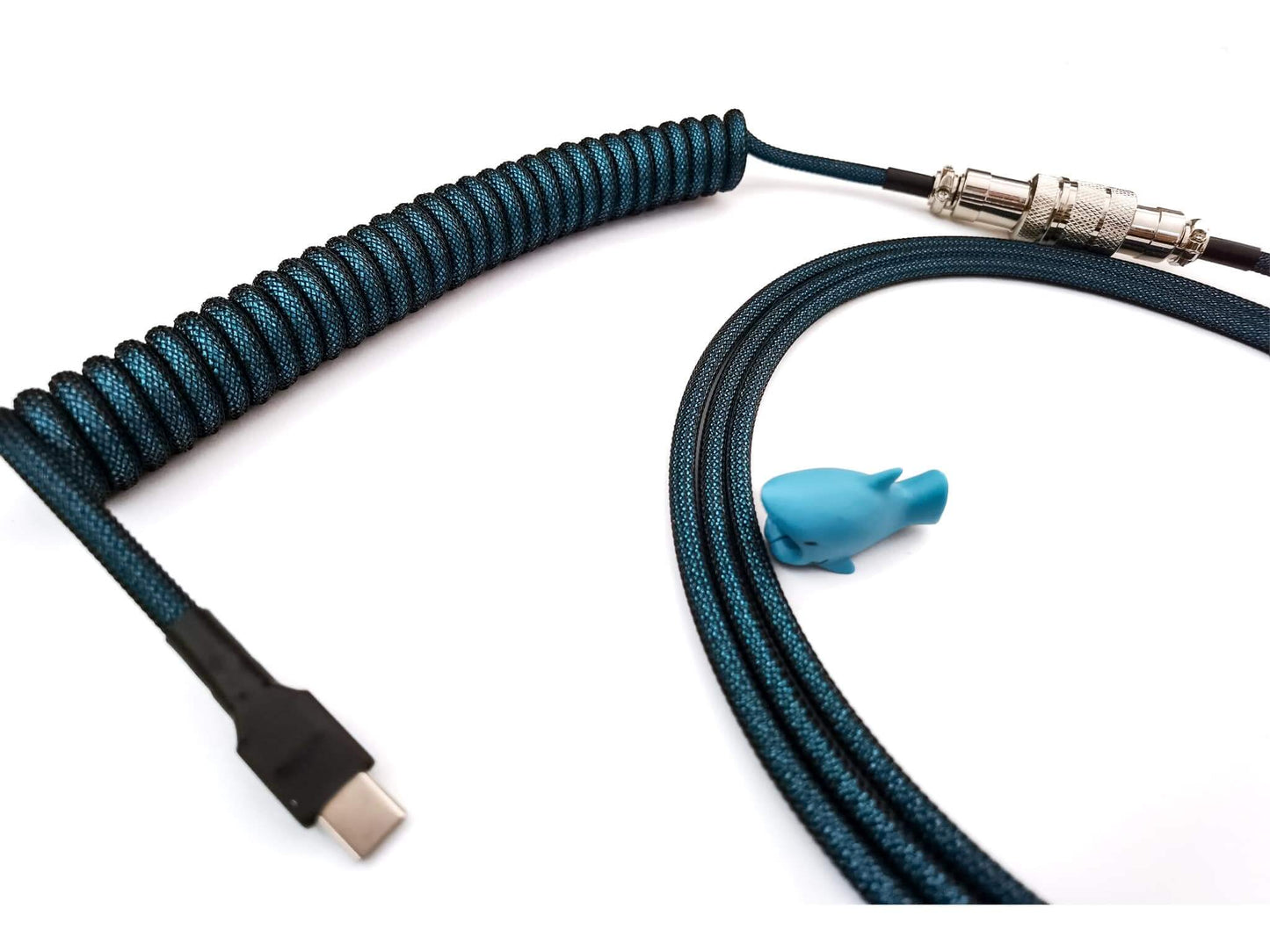 Custom coiled keyboard cable in blue for mechanical keyboards and macro pads with black heat shrink, USB C, and Gx16 connector and blue shark cable bite