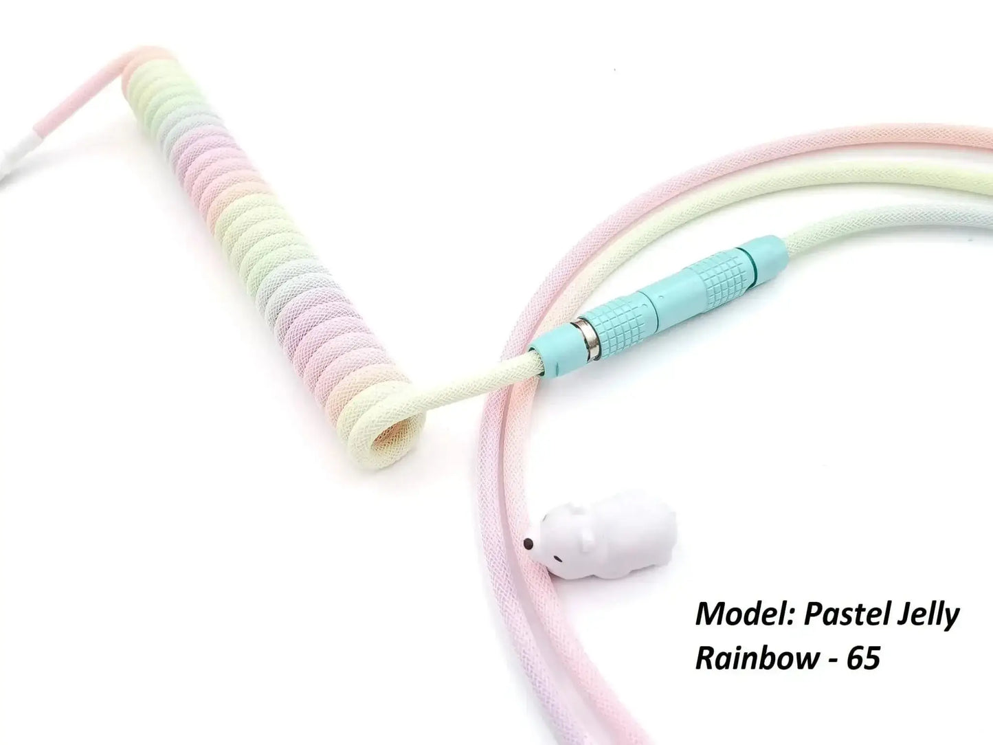 Coiled Lemo cable in Pastel Jelly Rainbow theme. With Lemo painted in robin's egg color and white heat-shrink.