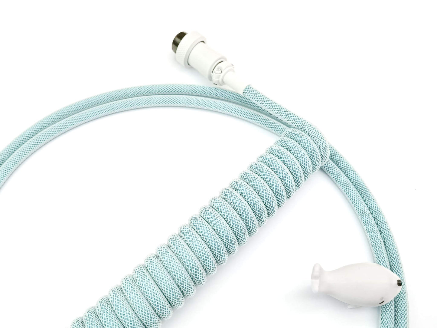 Coil cable in teal color for teal keycaps and keyboards with Gx16 and white cable bite protector