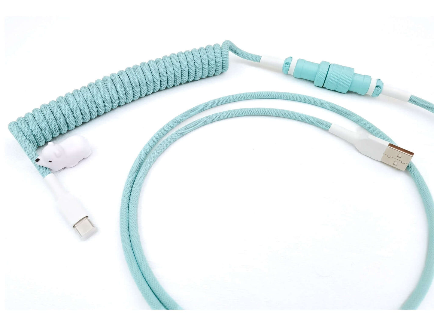 Custom keyboard cable in teal color with Gx16 connector painted in robin's egg teal color and white heat-shrink and white cable bite bear