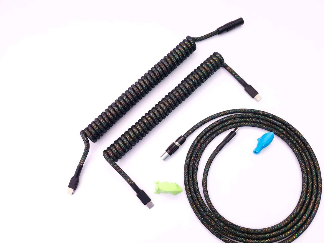 Coiled cables in Galaxy theme designed by King Cables with USB C connection and black Lemo connector