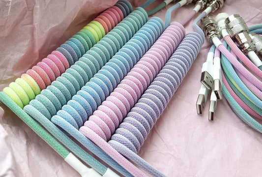 Five coiled cables for Mechanical keyboards in pastel color pink, lavender, blue, teal and rainbow