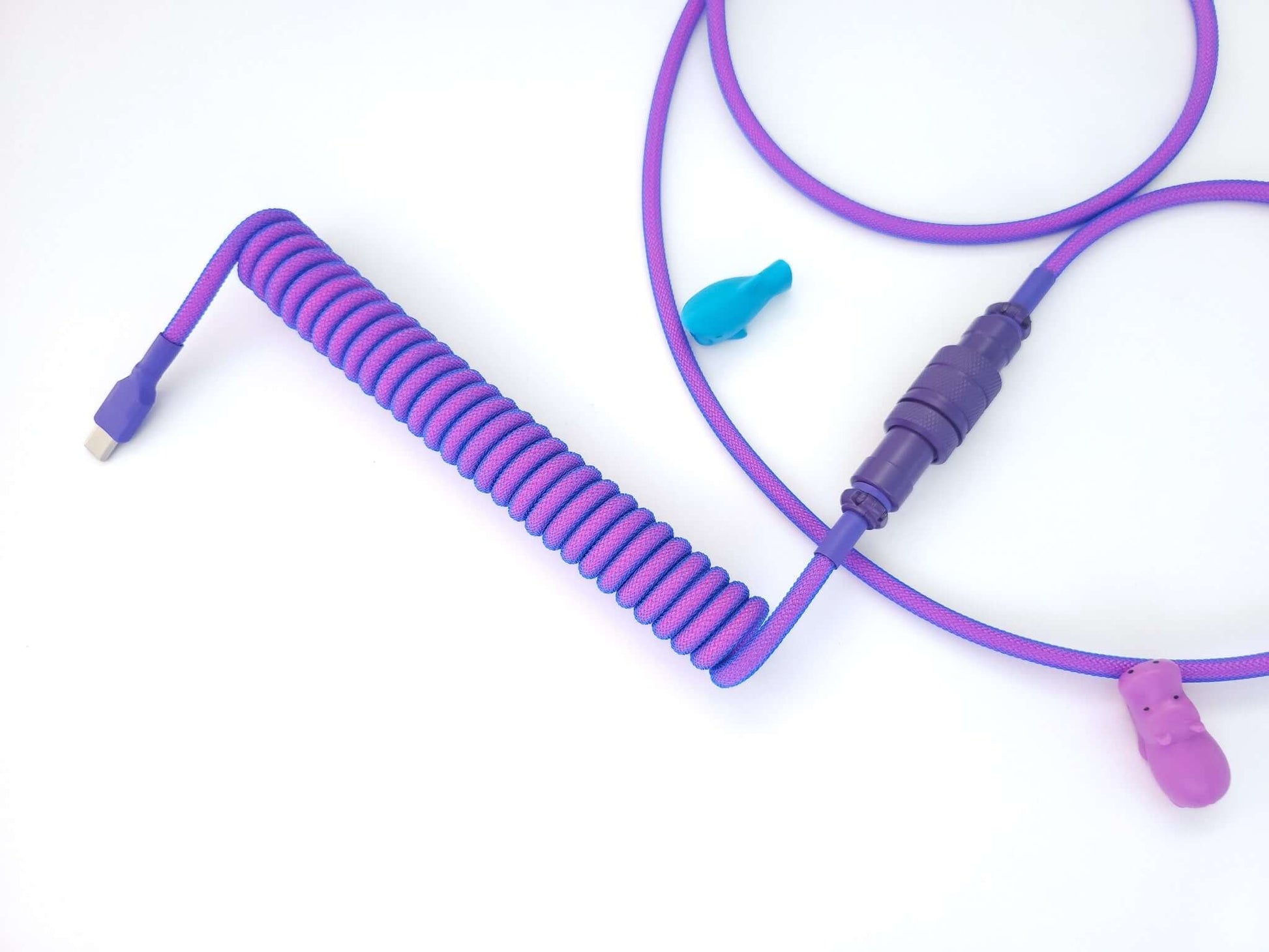 Akko Laser keycaps coiled cable with purple Gx16 neon blue coil and purple heat shrink