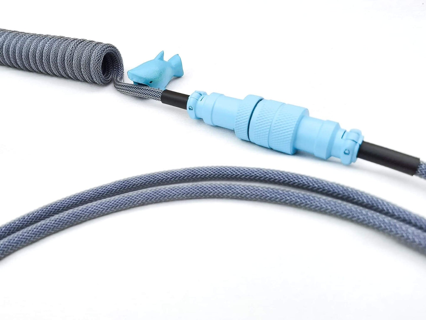 4-pin Gx16 Aviator connector painted in baby blue with blue shark cable animal