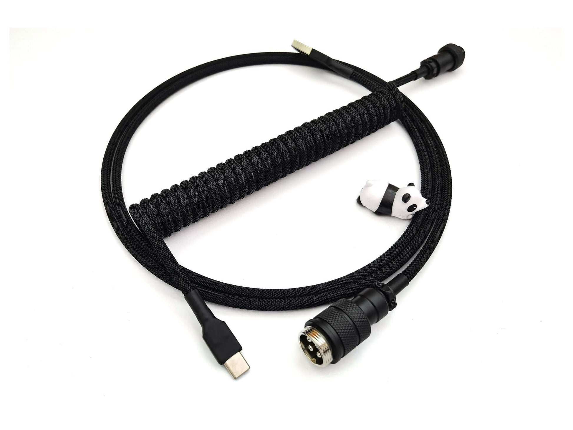Black coiled cable with black Gx16 connector, black heat-shrink and USB C connection, and panda cable bite protector