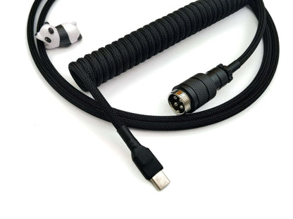 Black keyboard cable designed for black keycaps and black mechanical keyboards with USB C to C connection and black Gx16 connector