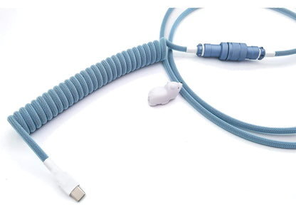 Blue keyboard cable for blue keycaps and blue keyboards with blue Aviator connector, USB C connection and white heat-shrink