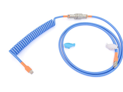Blue coiled keyboard cable for blue keycaps and mechanical keyboards