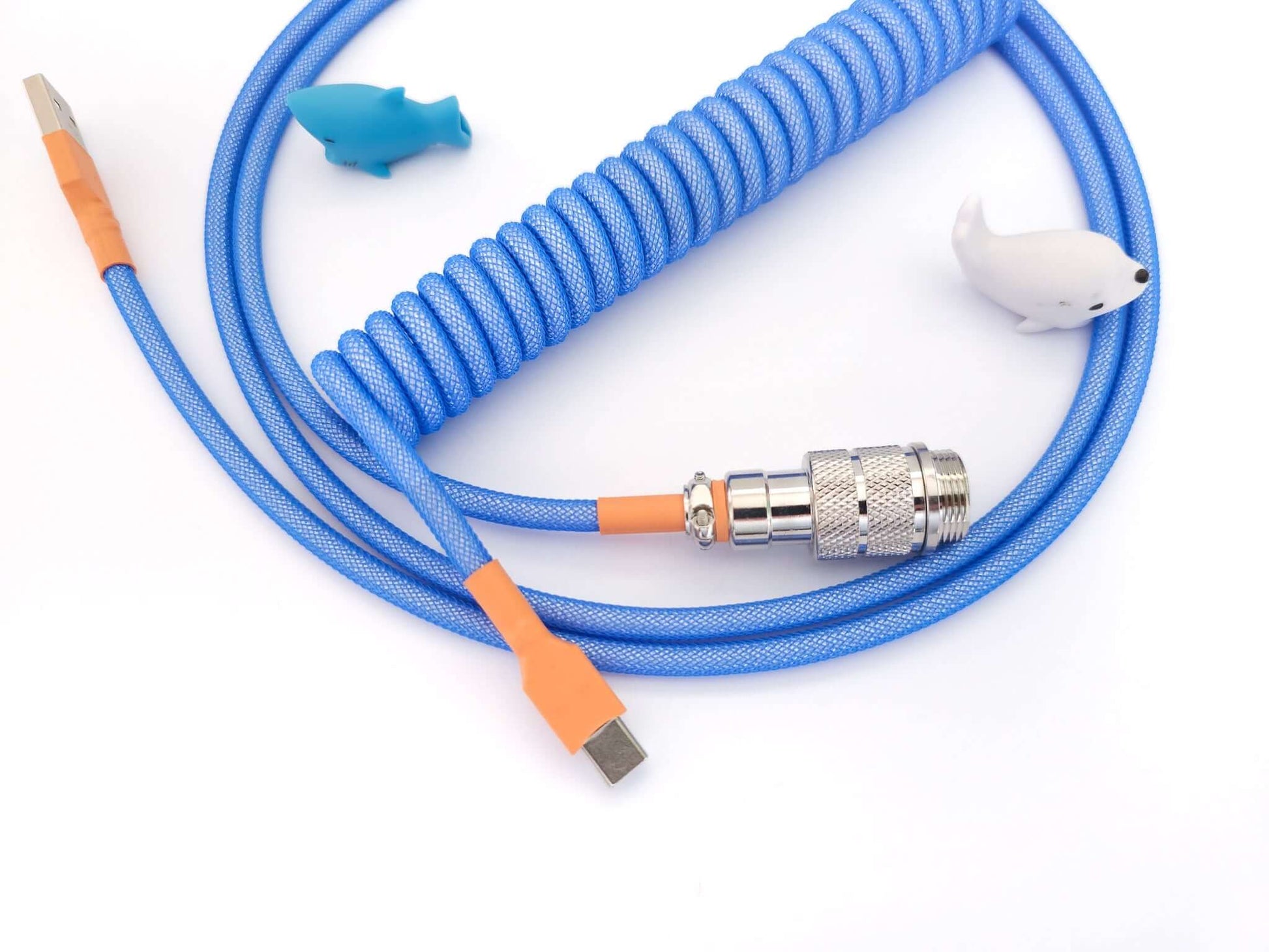 Blue keyboard cable with USB C to A connection for mechanical keyboard.