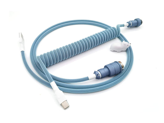 Coiled cable in blue colors. With polar blue Gx16 connector and white heat-shrink.