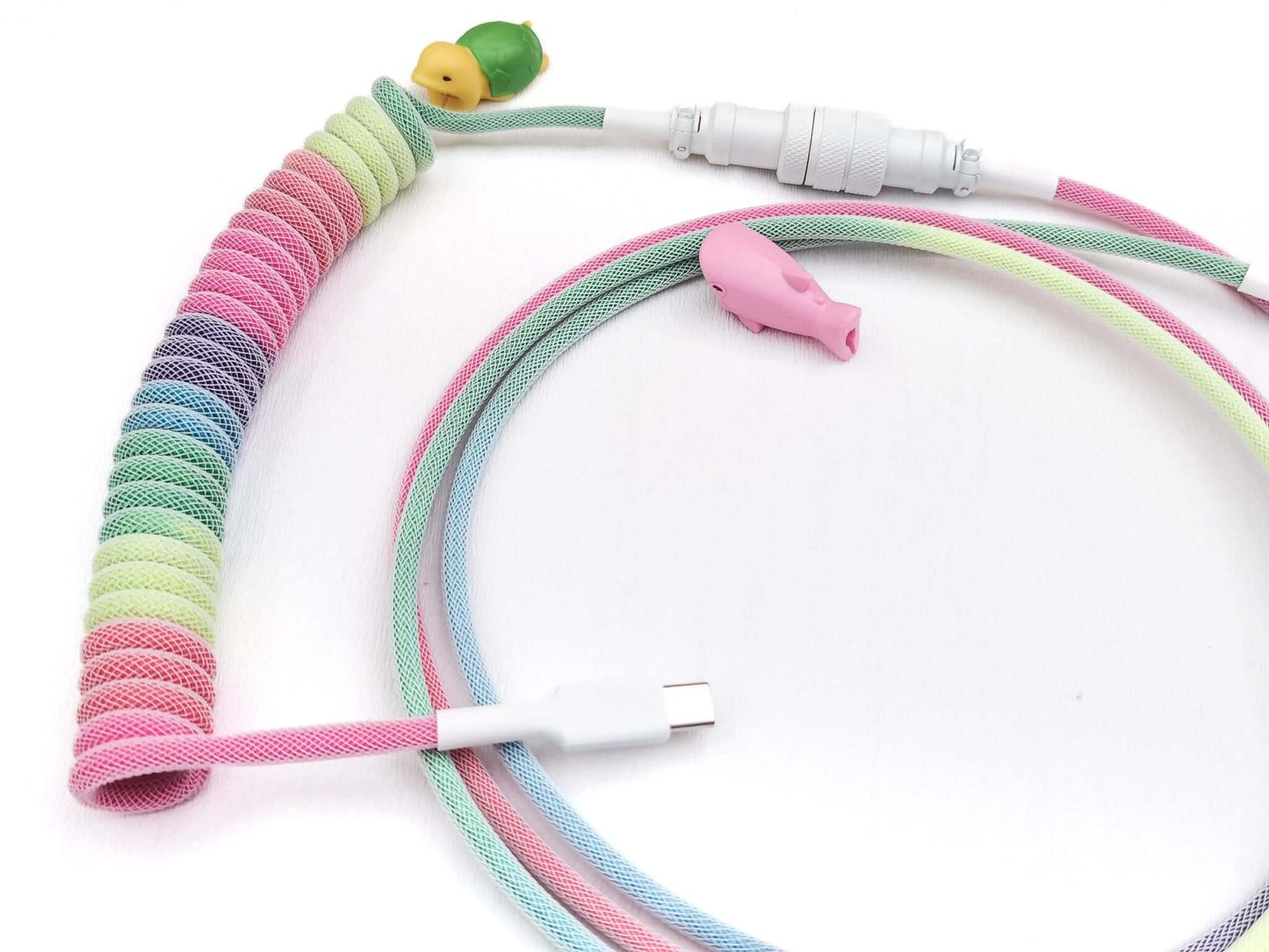 Coiled keyboard cable in rainbow colors for mechanical keyboards with white Gx16 and pink cable bite