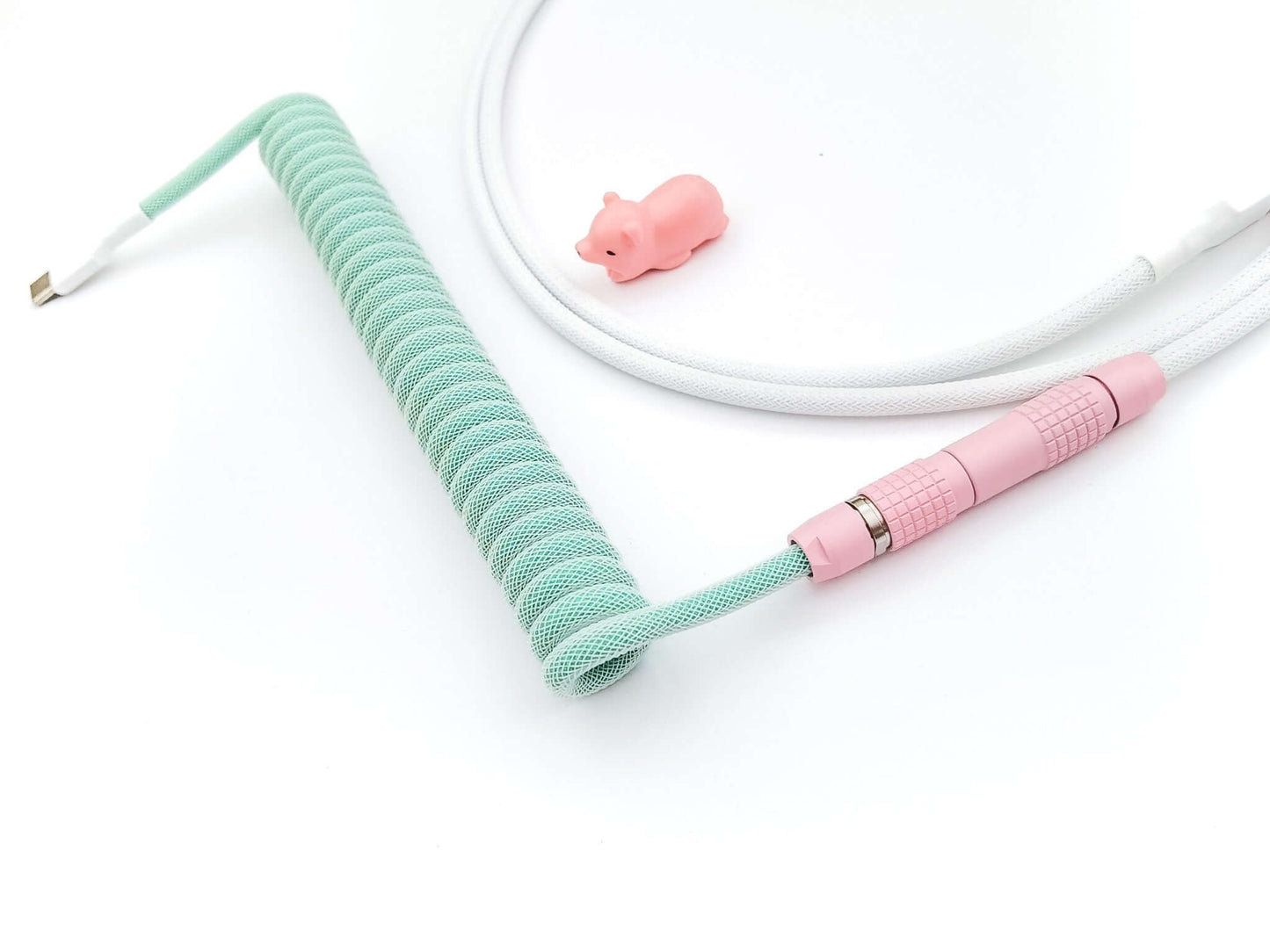 DSA Magic Girl keycaps custom cable with Lemo connector, white heat shrink, green coil and pink bear cable protector