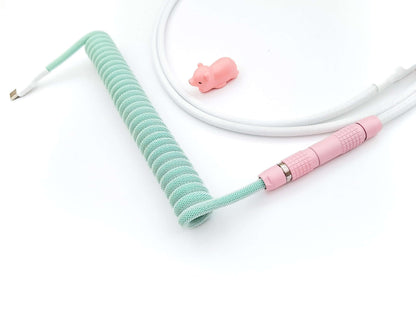 DSA Magic Girl keycaps custom cable with Lemo connector, white heat shrink, green coil and pink bear cable protector