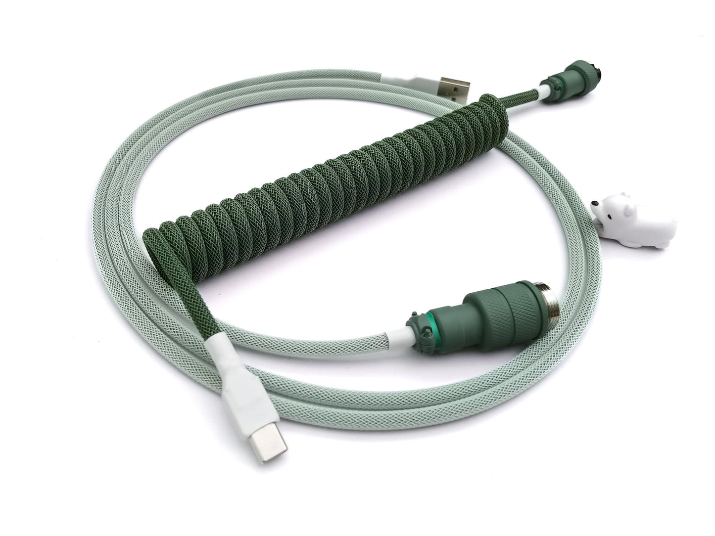 Dark Botanical coiled cable to match GMK Botanical keycaps, with dark green Gx16 Aviator connector