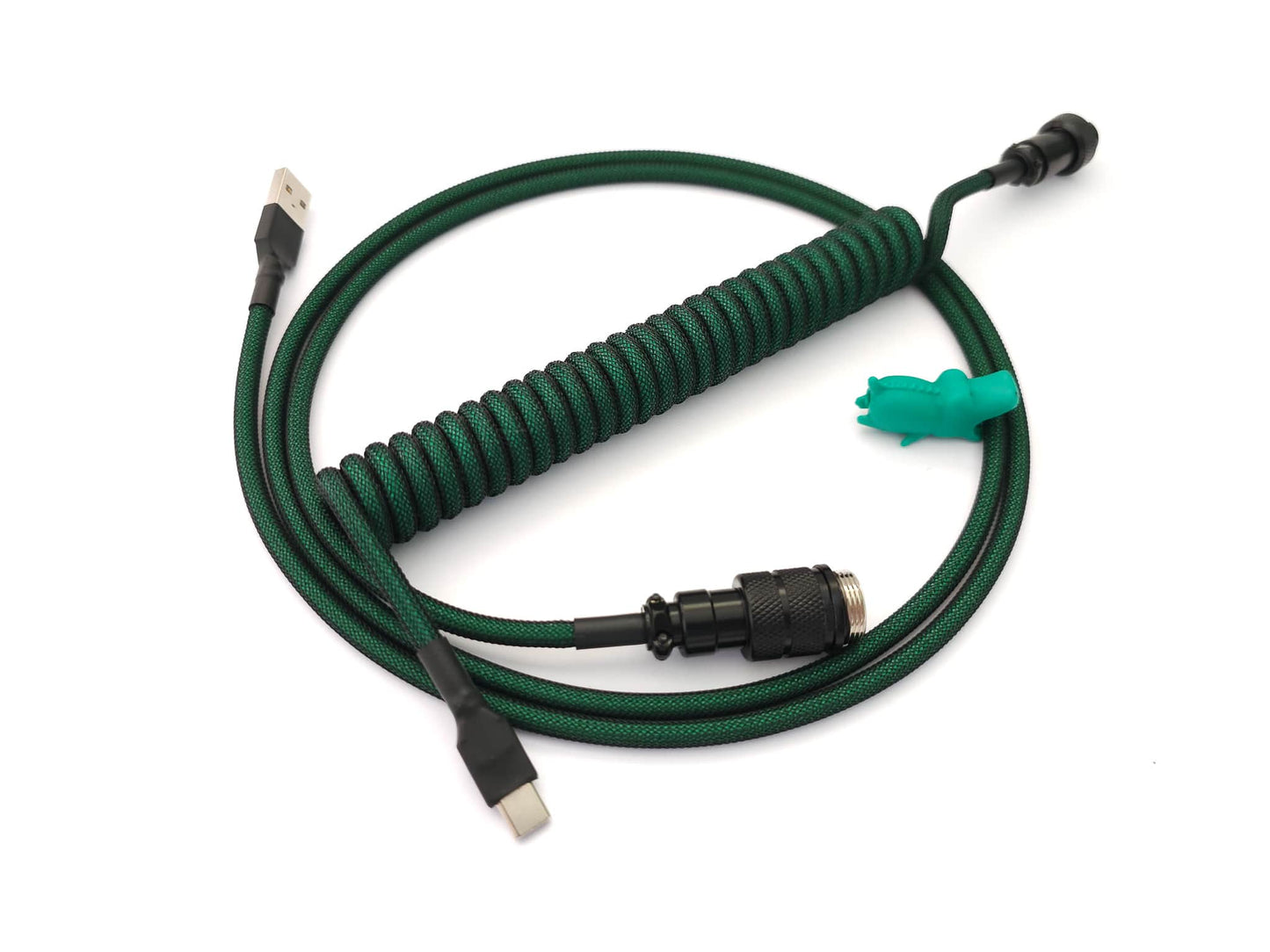 Dark green coiled cable, with black heat-shrink and black Gx16 connector, and USB C to A connection