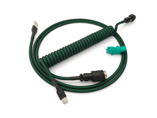 Dark green coiled cable, with black heat-shrink and black Gx16 connector, and USB C to A connection