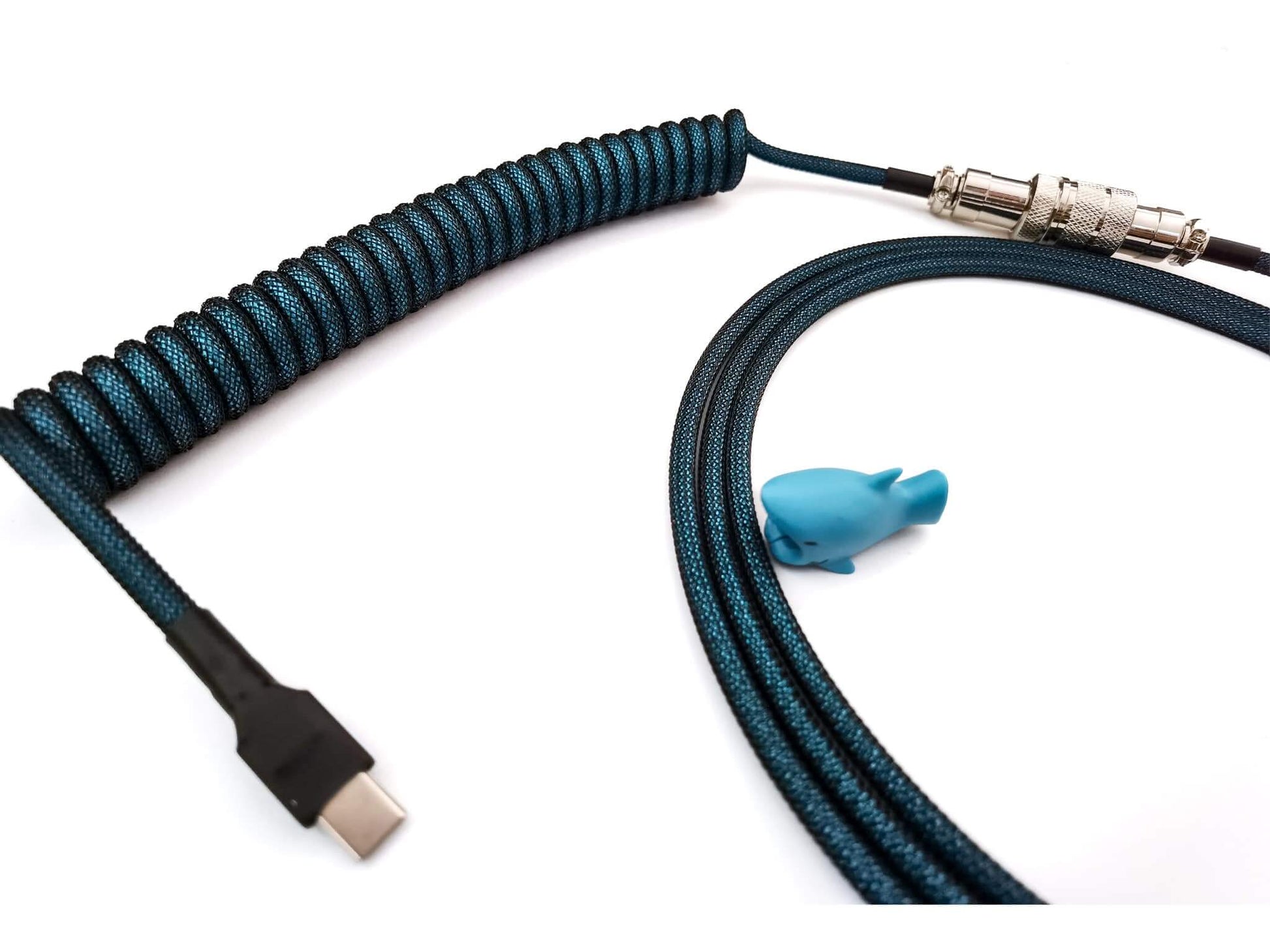 Custom coiled keyboard cable in blue for mechanical keyboards and macro pads with black heat shrink, USB C, and Gx16 connector and blue shark cable bite