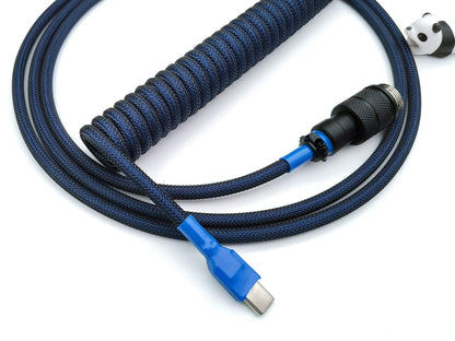 Keyboard cable matching GMK Blue Samurai keycaps with Aviator connector, blue heat-shrink and USB C to A connection
