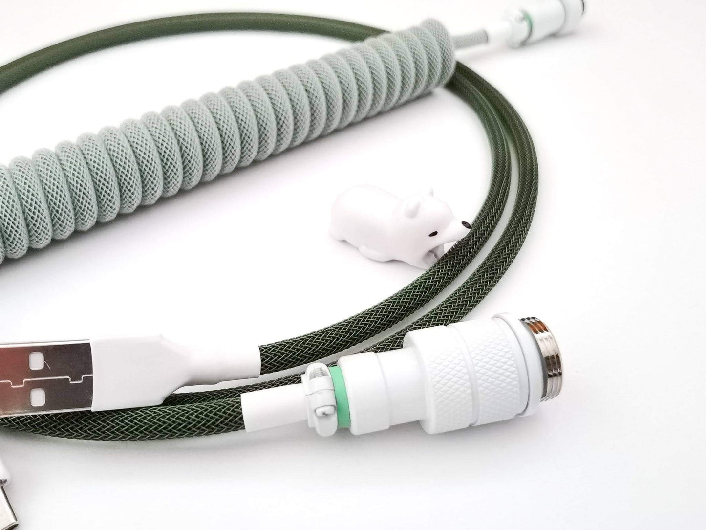 GMK Botanical matching coiled cable with Gx16 Aviator connector and white USB C to A connection.