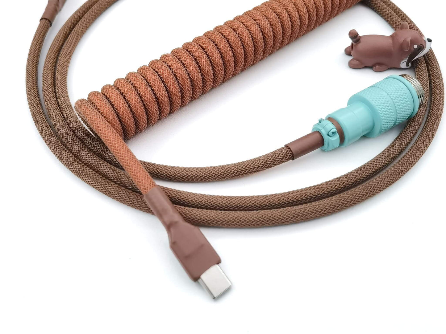 coiled cable for GMK Copper keycaps with copper coil, teal Gx16 and brown heat shrink