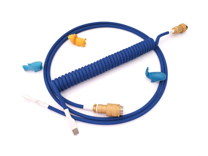 Coiled cable for GMK Lazurite keycaps with painted in gold Gx16 connector and white heat-shrink and blue coil