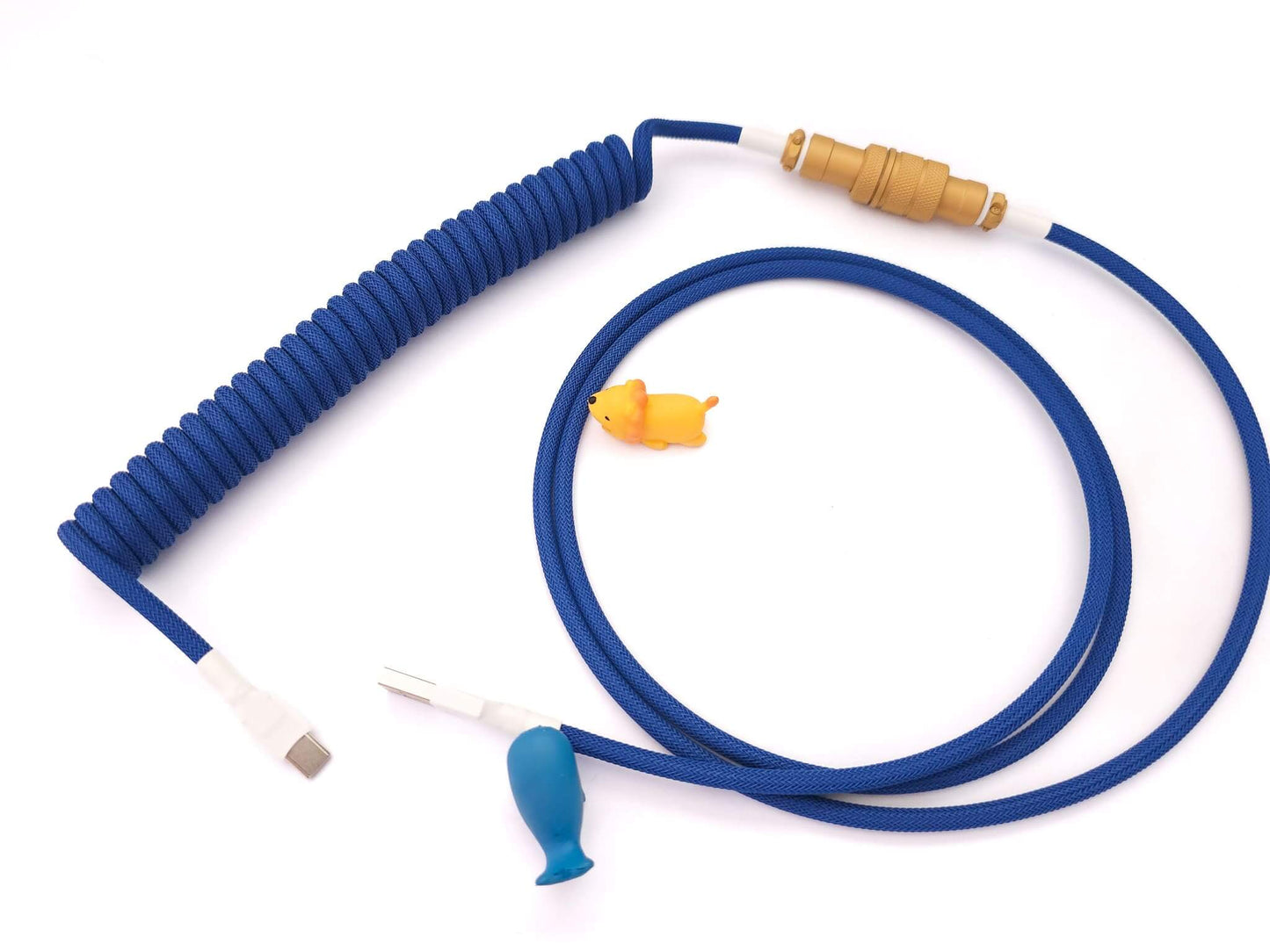 Blue Custom USB C cable for GMK Lazurite keycaps and blue mechanical keyboards with white heat shink, golden Gx16 and cable bite protectors