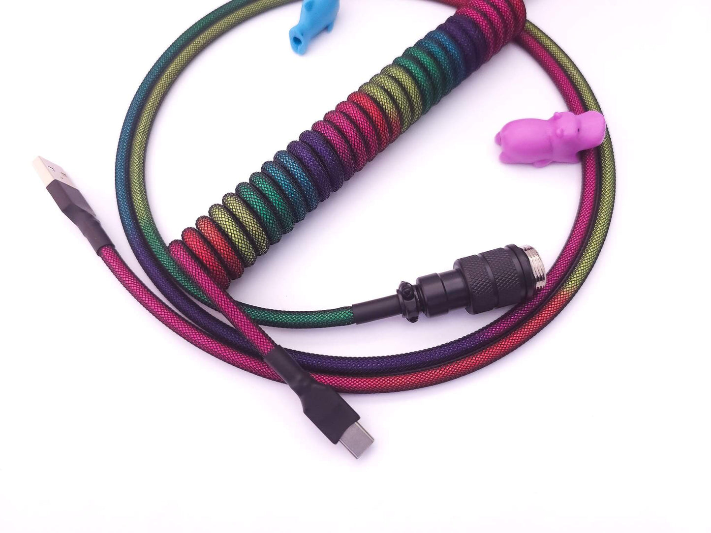 keyboard cable matching GMK Midnight Rainbow keycaps with black Aviator connector, black heat-shrink and USB C to A connection