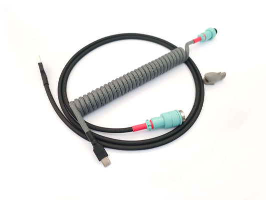 Custom keyboard cable matching GMK Modern Dolch dark keycaps. With light grey and dark grey colors and USB C connection.