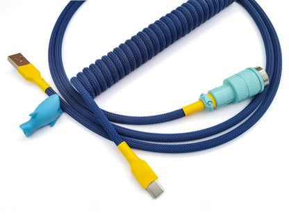Keyboard cable for GMK Nautilus with USB C to A connection and teal GX16 connector.