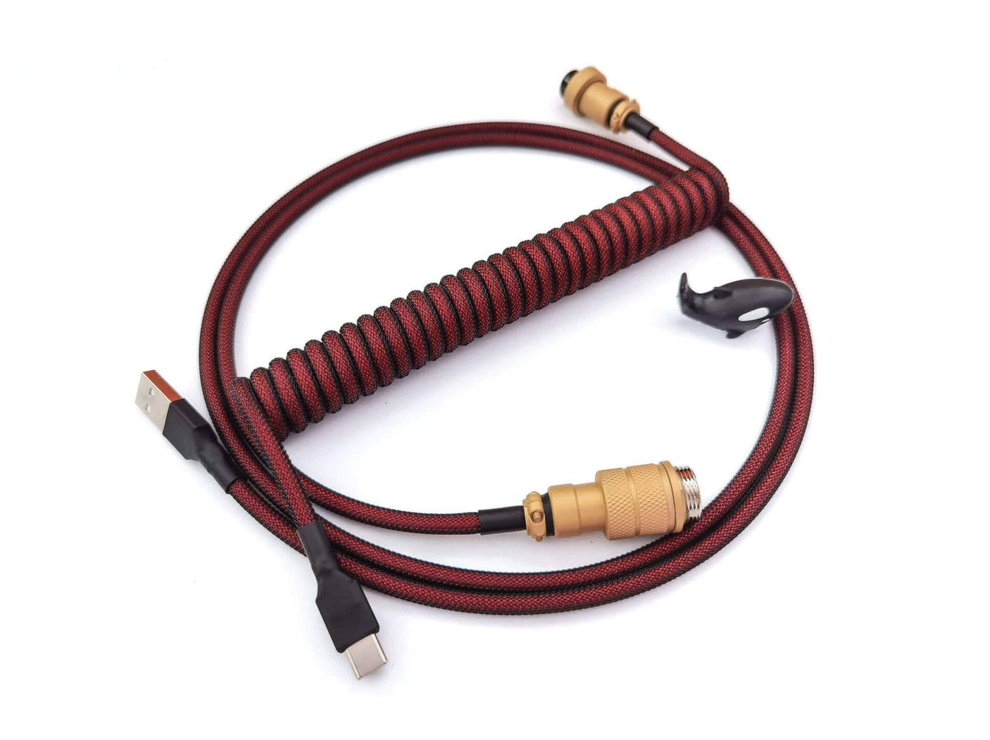 Coiled cable for GMK Red Samurai keycaps with red coil, golden Gx16 and black heat shrink