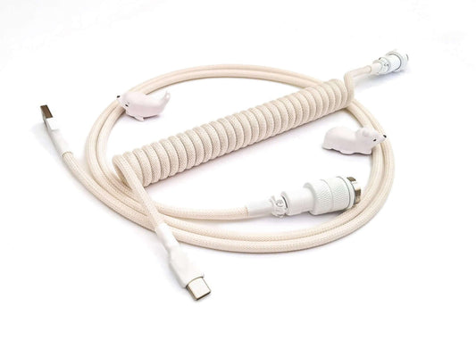 Coiled keyboard cable designed to match GMK Soyamilk keycaps. With white Gx16 connector and white heat-shrink