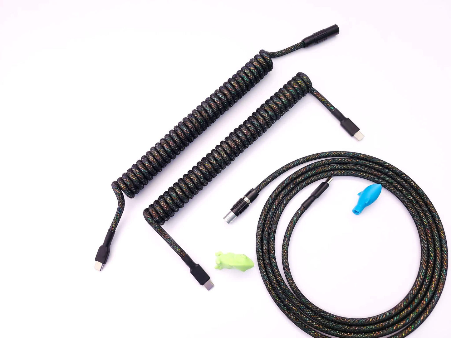 A set of matching TRRS and USB cables, in Galaxy theme, with black Lemo connector and black TRRS connectos. 