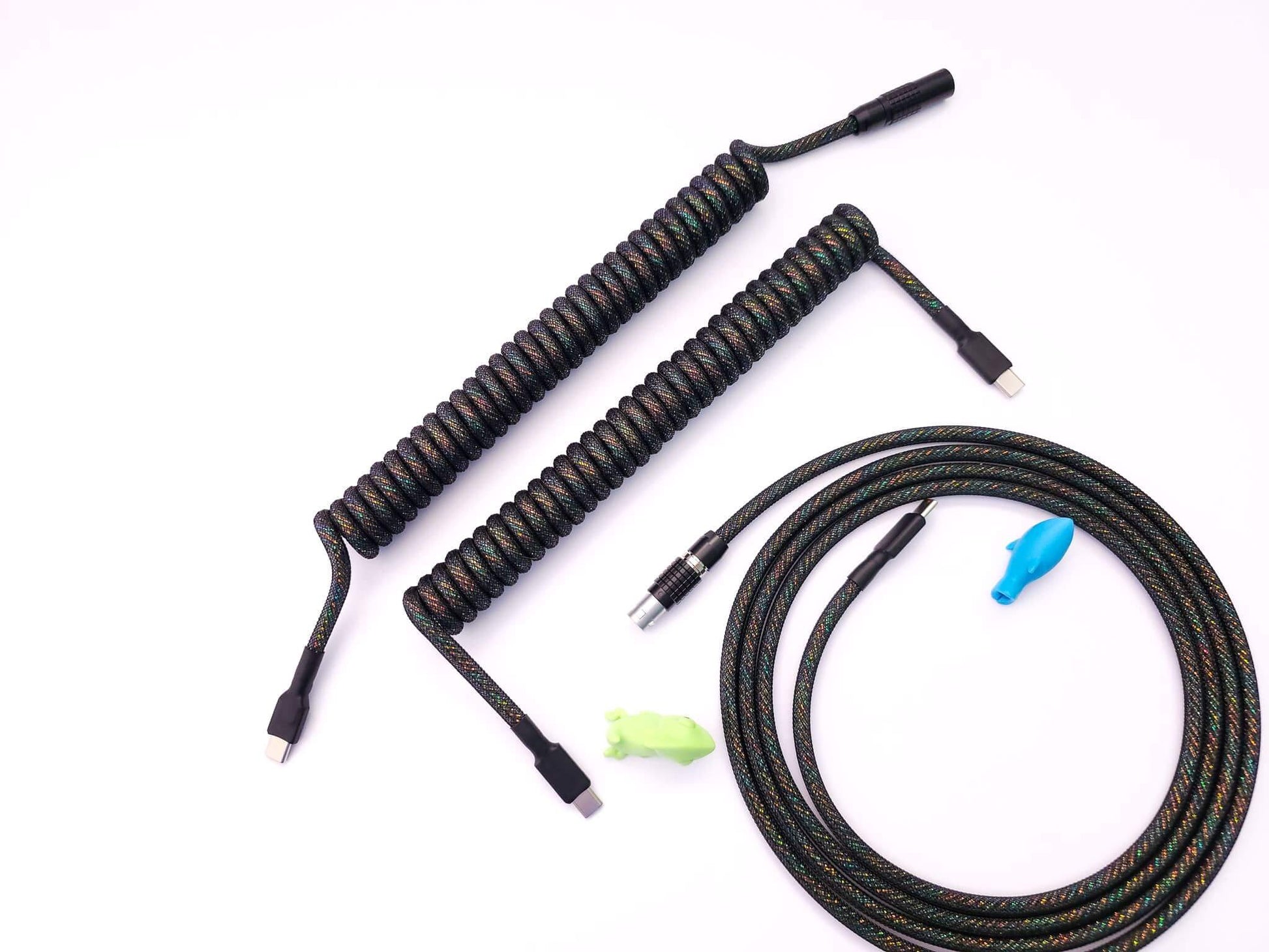 A set of matching TRRS and USB cables, in Galaxy theme, with black Lemo connector and black TRRS connectos. 