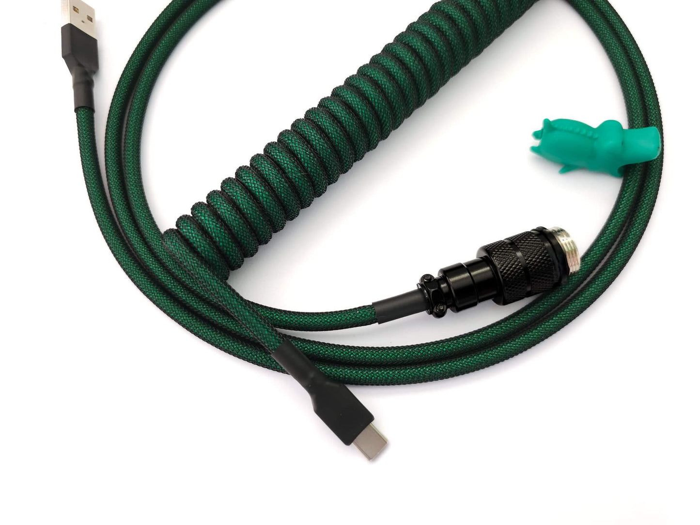 Emerald green keyboard cable, with USB C connection and black Aviator detachable.
