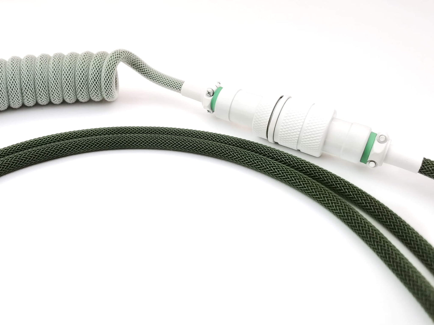 Green coiled cable for green keycaps and green Mechanical keyboards, with white Aviator connector.