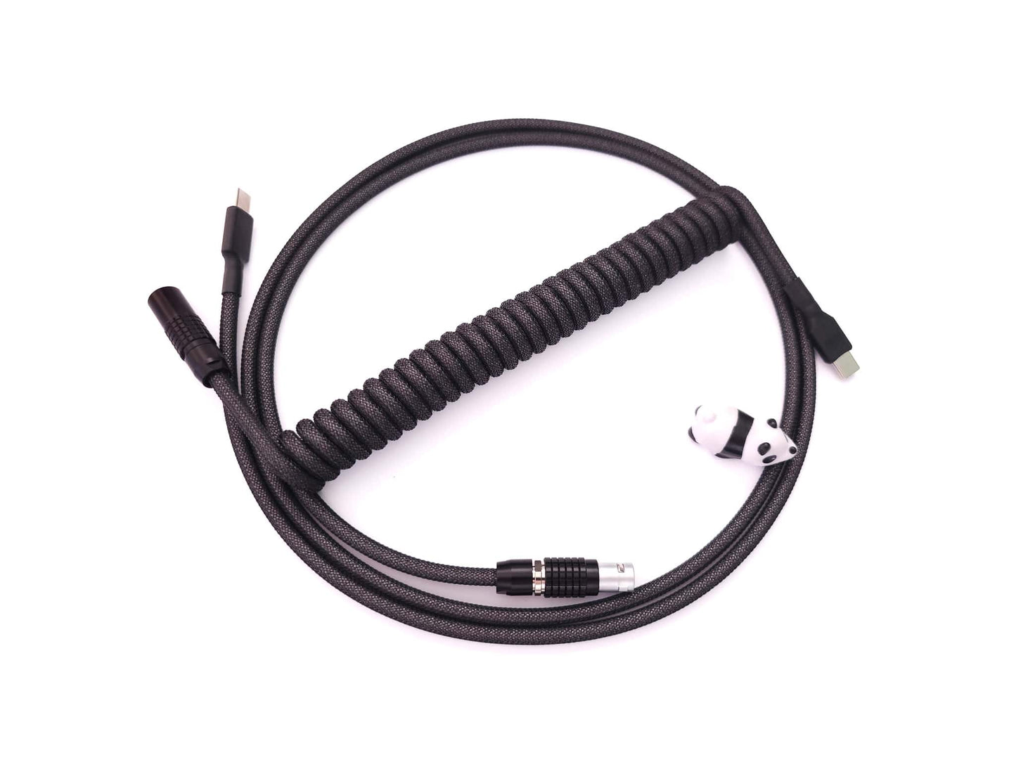 Coiled keyboard cable in dark gray with black Lemo connector and black heat shrink
