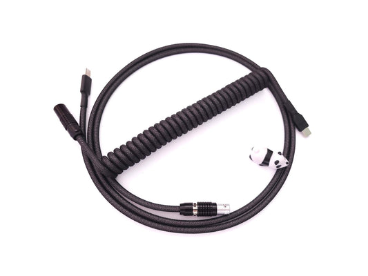Coiled keyboard cable in dark gray with black Lemo connector and black heat shrink