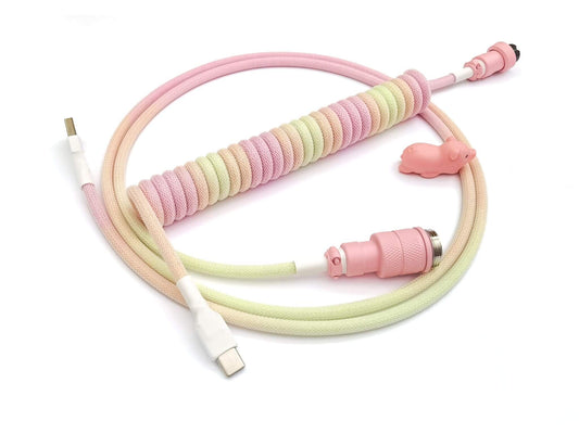 Kawaii Rainbow keyboard cable in pink and yellow colors with pink Aviator connector and white heat shrink