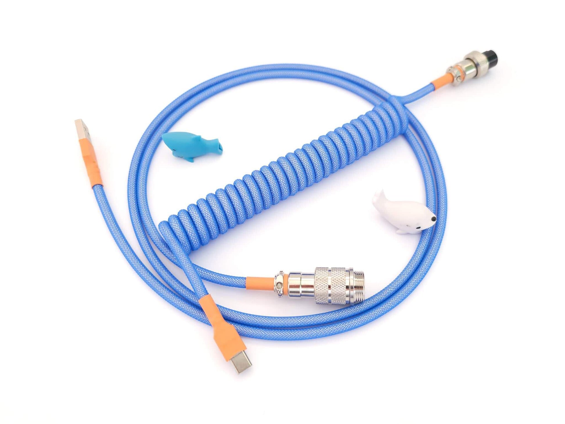 Coiled cable in light blue colors. With Gx16 connector and orange heat-shrink.