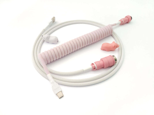 Sakura pink coiled keyboard cable, with Light pink coil and white host cable and USB C connection
