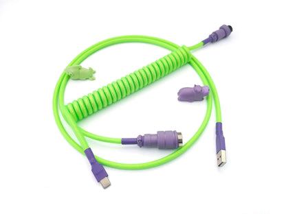 Neon green coiled keyboard cable with purple Gx16 connector and purple heat shrink