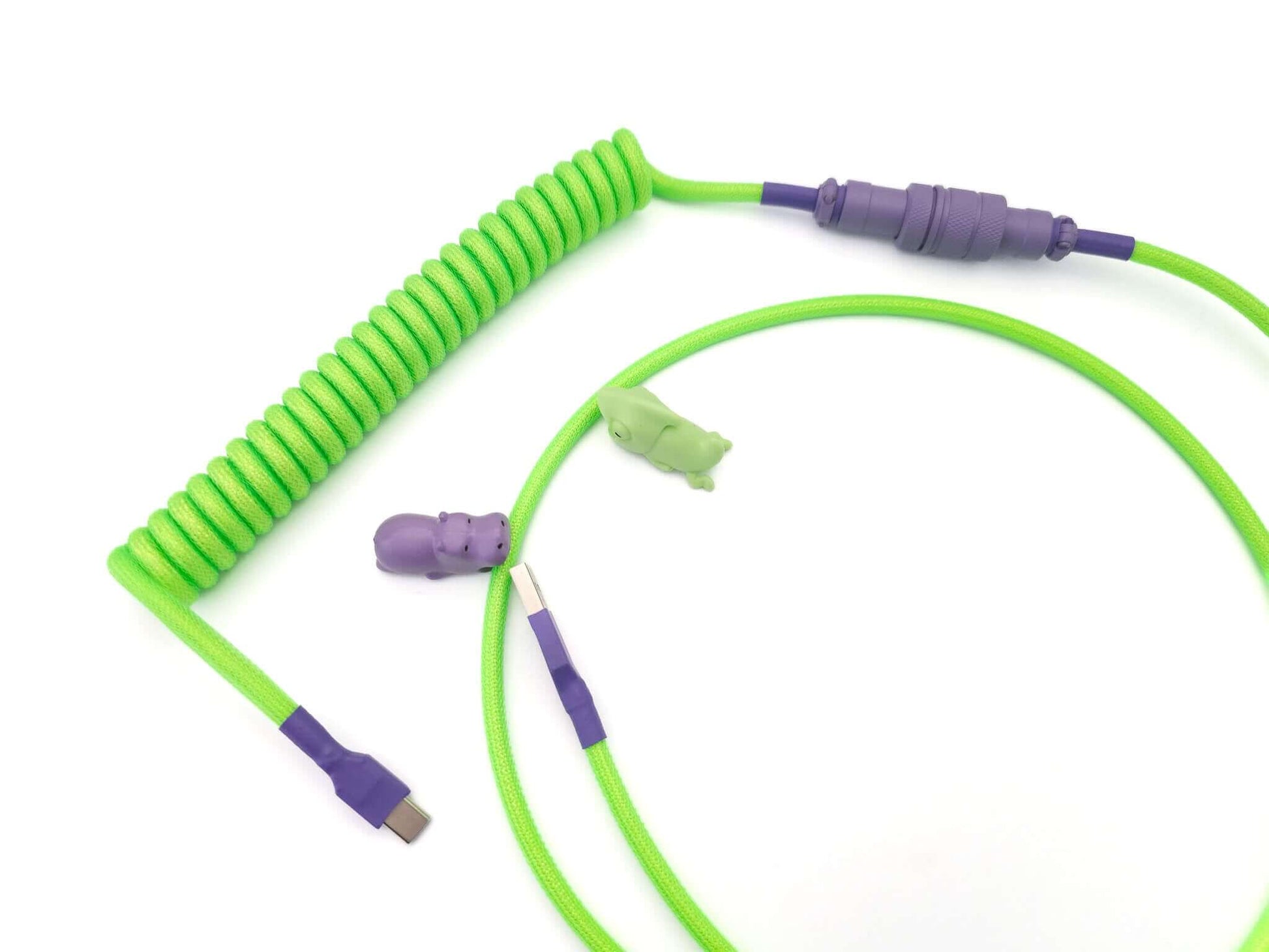 Neon green custom cable for mechanical keyboard in vibrant green color with purple Aviation connector
