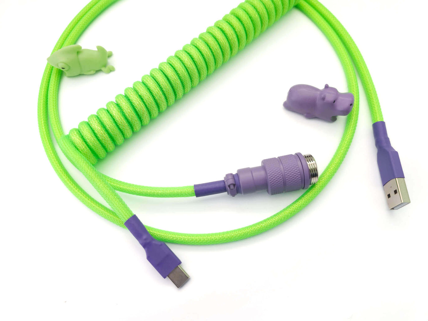 Neon green keyboard cable with Gx16 in purple and USB C connection