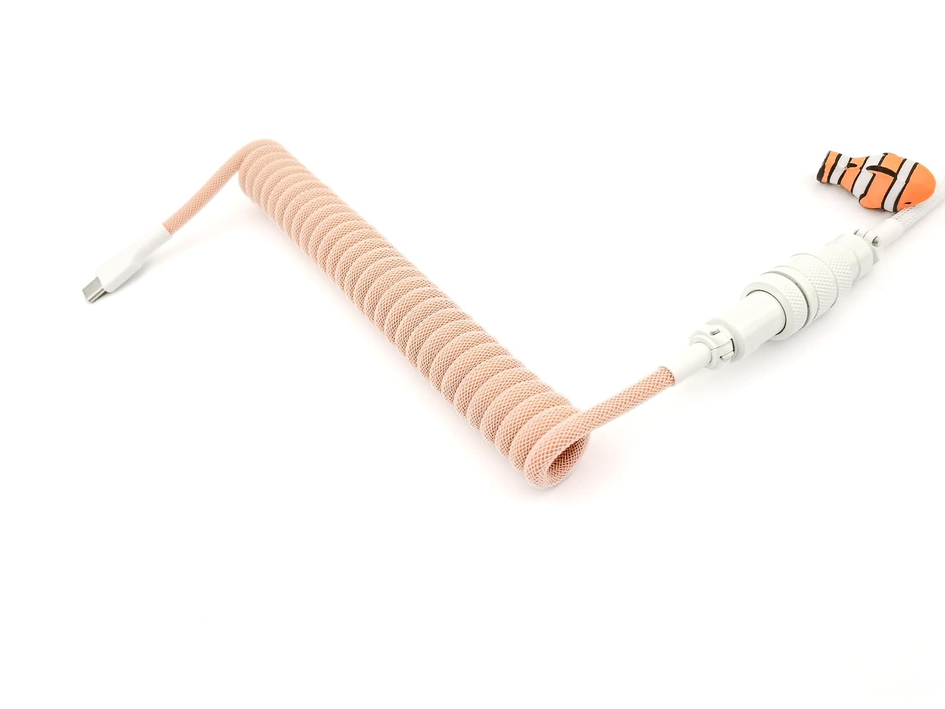 Custom USB cable with orange coil, white host cable and USB C to C connection.