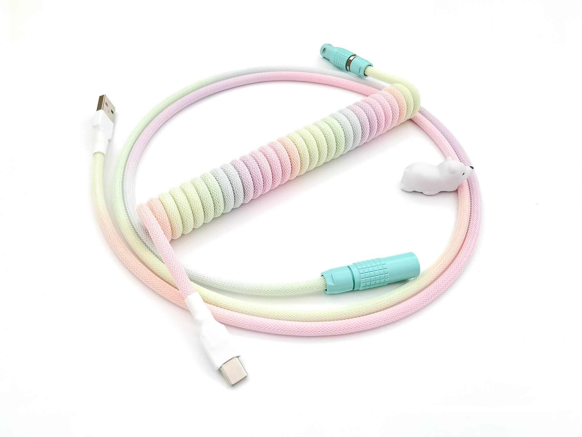 Coiled cable for POM Jelly Keycaps with rainbow colors and teal Lemo connector