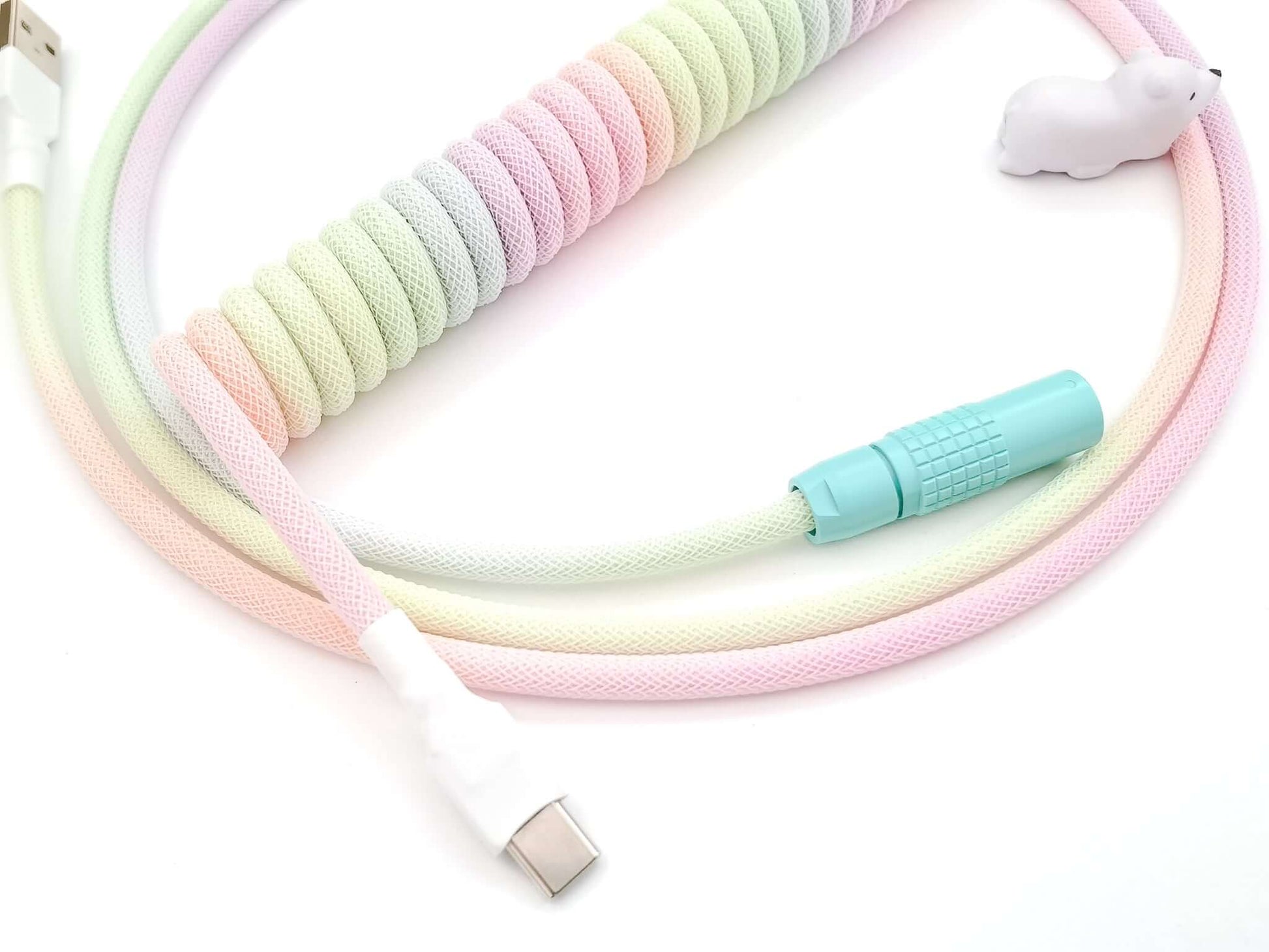 POM Jelly coiled keyboard cable with Lemo connector and USB C connection  and white bear cable bite protector