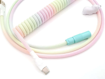 POM Jelly coiled keyboard cable with Lemo connector and USB C connection  and white bear cable bite protector