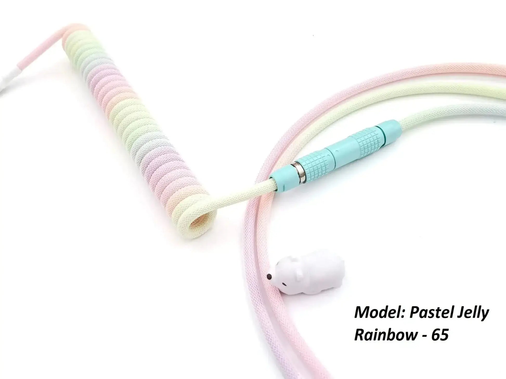 Coiled Lemo cable in Pastel Jelly Rainbow theme. With Lemo painted in robin's egg color and white heat-shrink.