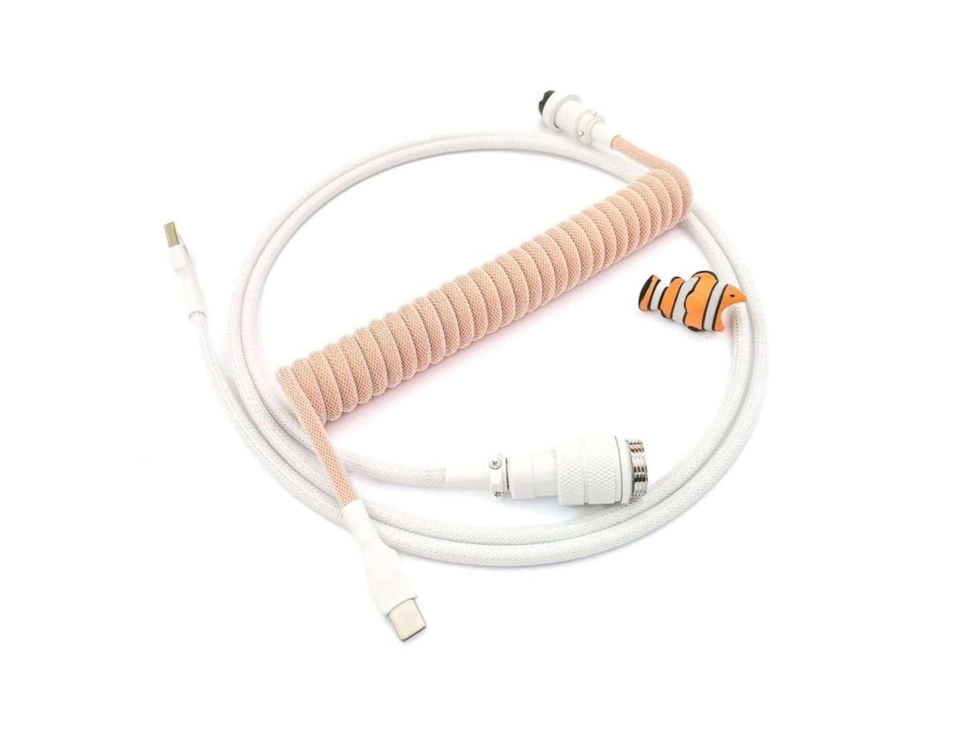 Orange coiled cable with white Gx16 connector, white heat shrink and USB C to A connection and orange cable bite