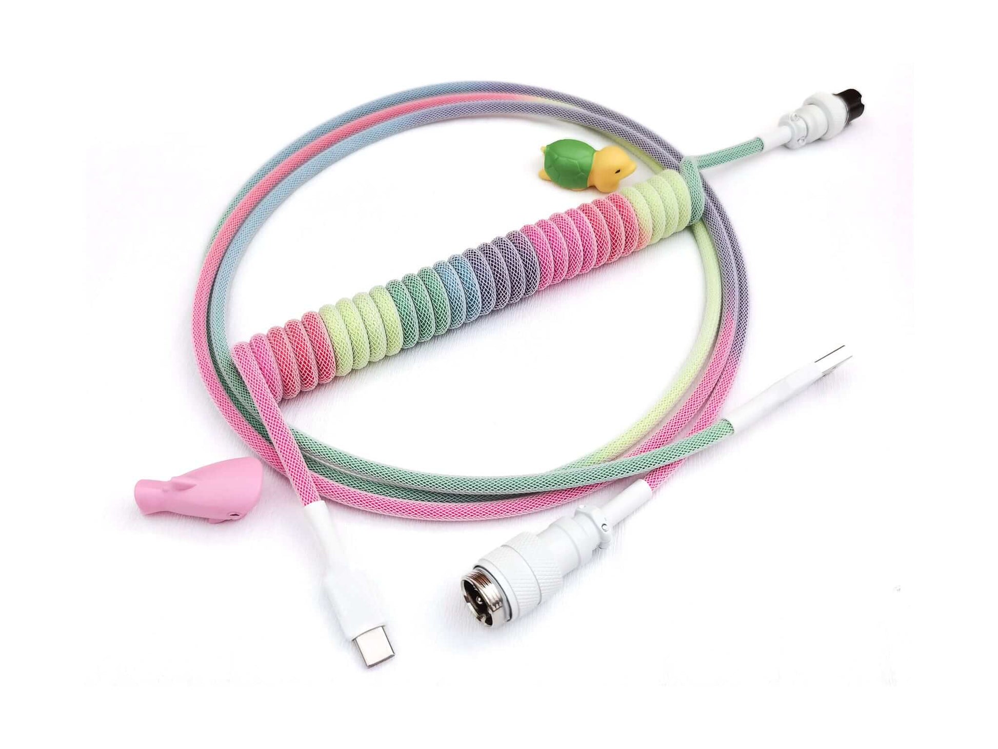 Rainbow coiled cable with white Gx16 connector, USB C connection and white heat shrink